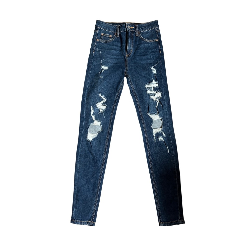 High‎ Rise Skinny Blue Jeans Womens 0 25R Dark Wash Distressed Ripped Everyday